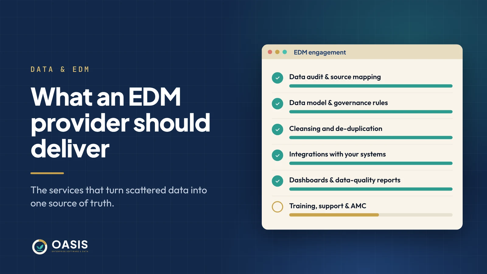 Checklist of enterprise data management deliverables from data audit to training, support and AMC