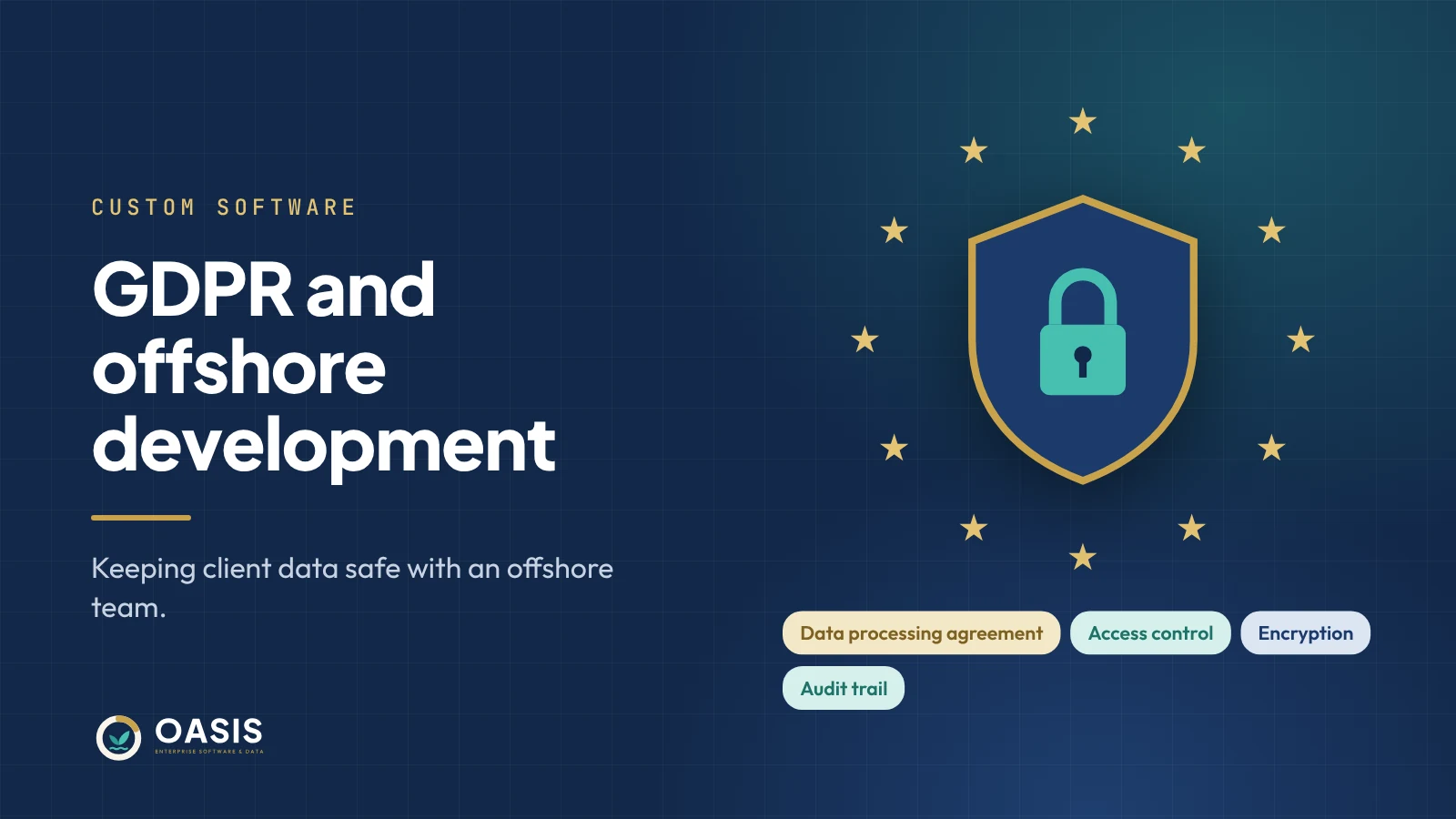 Security shield and padlock with data processing agreement, access control and encryption labels