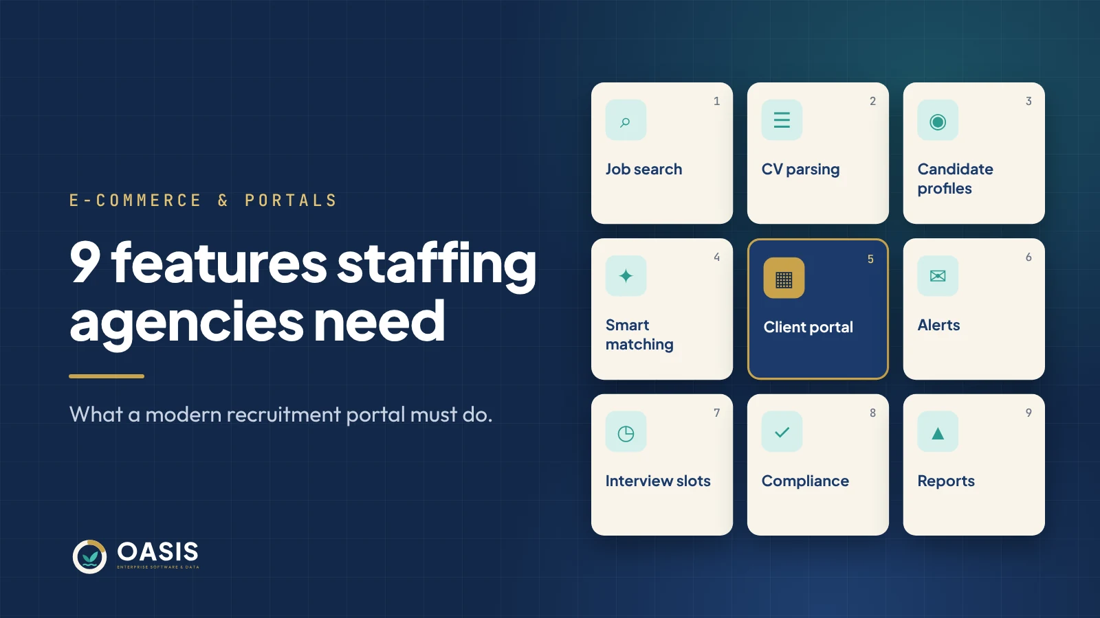 Nine recruitment portal features including job search, CV parsing, smart matching and client portal